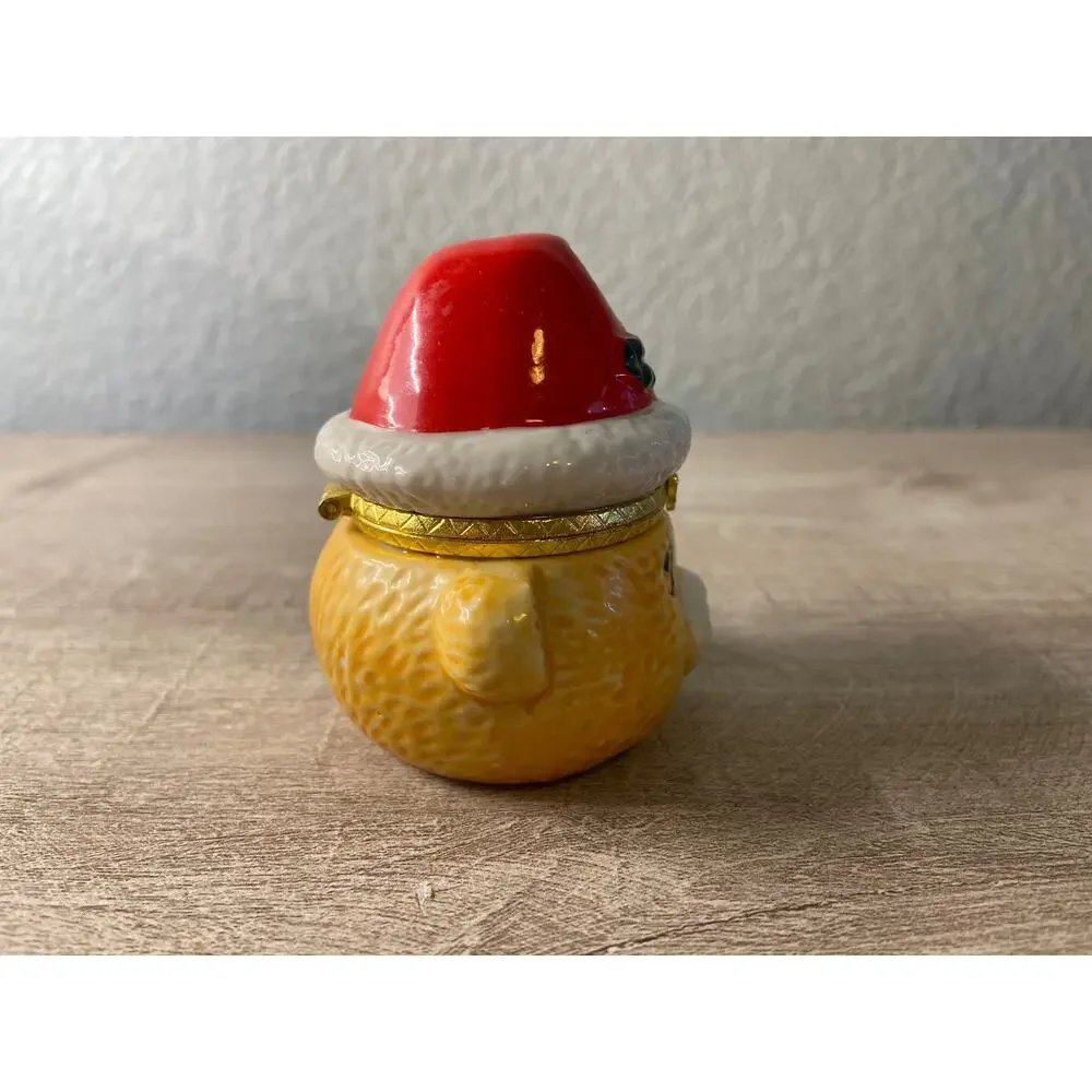Miniature Ceramic Bear Wearing Christmas Hat Trinket Box / Jewelry Box